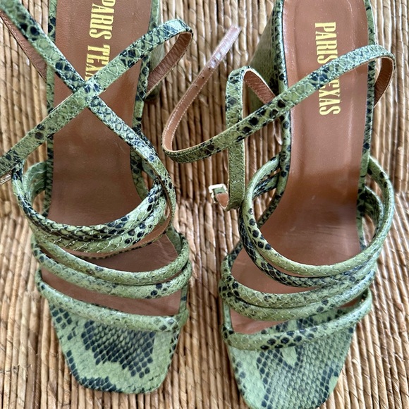 LIKE NEW Paris Texas Green, Snakeskin Like Block Heels Size 38 / 7.5 - Picture 2 of 3